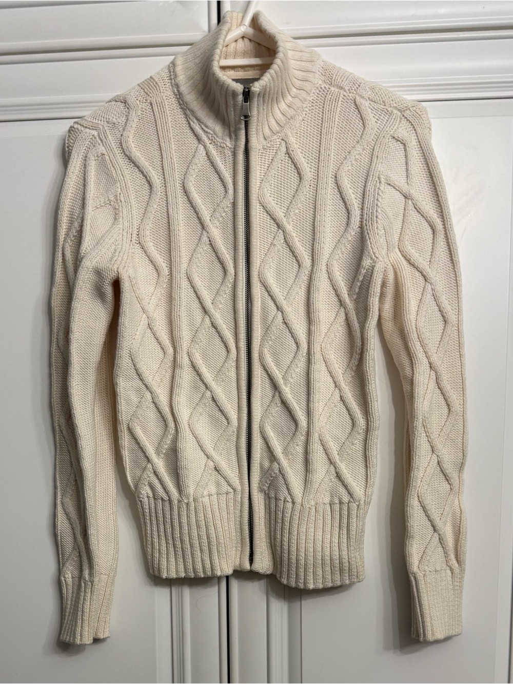 Liz Claiborne Cream Chunky Cable-Knit Zip Mockneck Sweater Cotton Size Medium